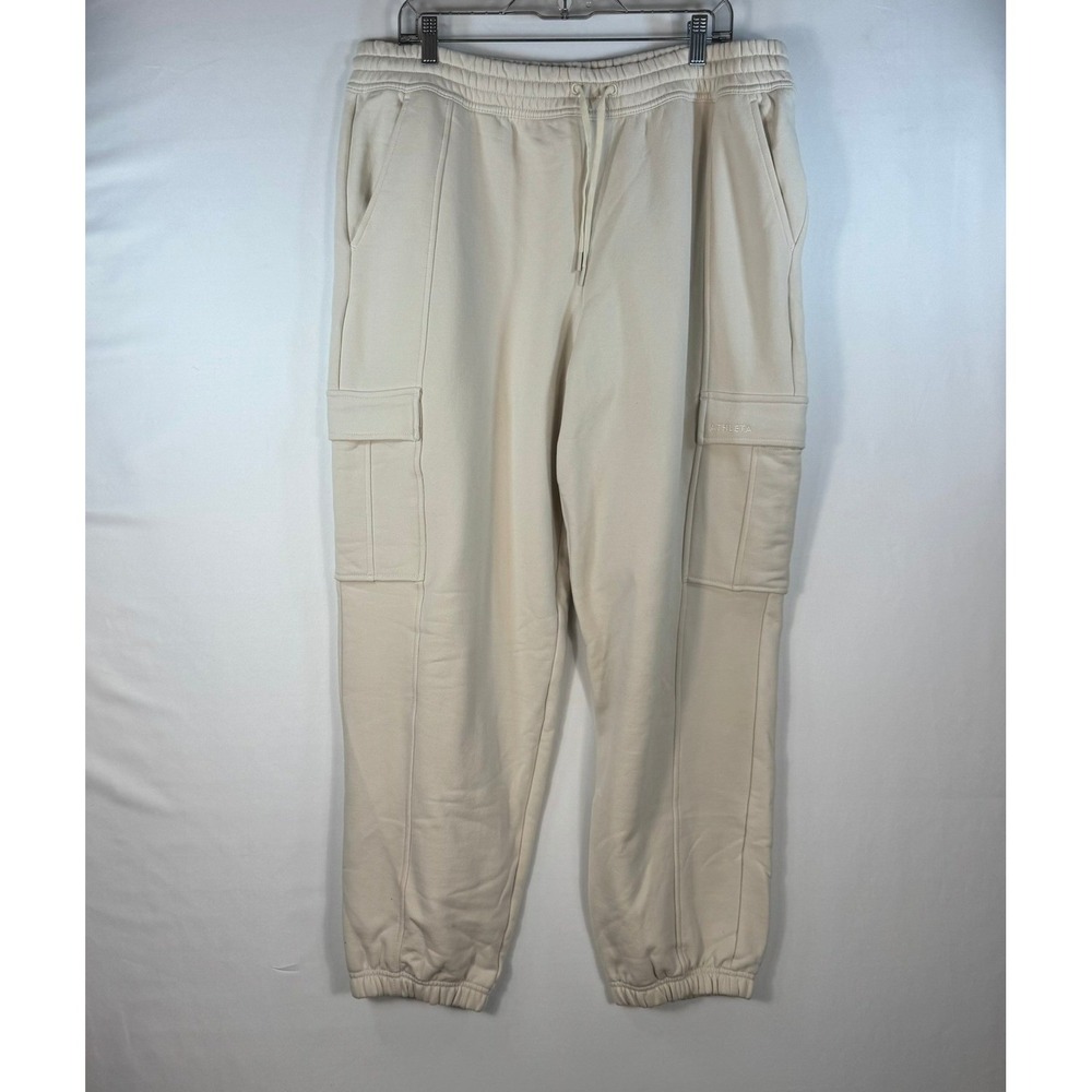 Athleta Womens XL Cargo Jogger Sweatpants Oatmeal Beige Fleece High Rise Pants